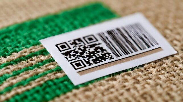 A white label with QR code and barcode on a green and beige woven surface  showing product identification or tracking