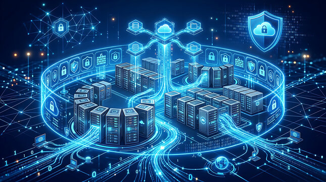 Cybersecurity cloud data center network, secure server farm infrastructure with digital locks, futuristic blue global information protection