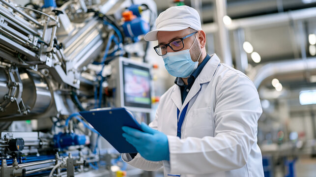 Food engineer supervising fully automated dehydration production line with conveyors, drying tunnels and stainless steel machinery in a spotless factory, innovative food processing concept, ultra ph