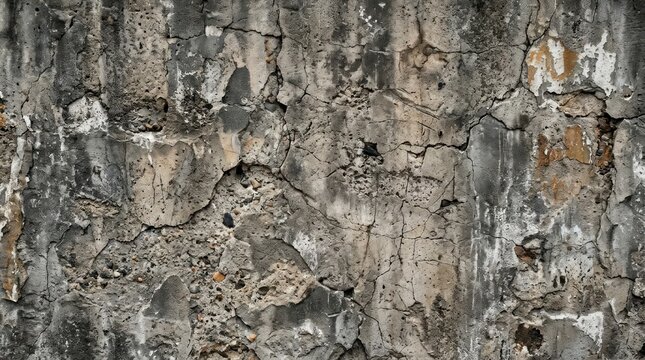A weathered concrete wall displays extensive cracking and crumbling, revealing aggregate and discoloration.