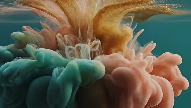 Peach ink cloud swirling underwater against teal background