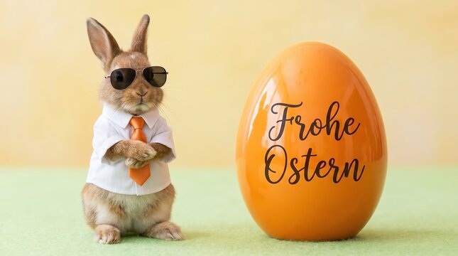Brown rabbit wearing sunglasses and a white shirt with an orange tie standing next to a large orange easter egg with the german text frohe ostern written in black script on a light background