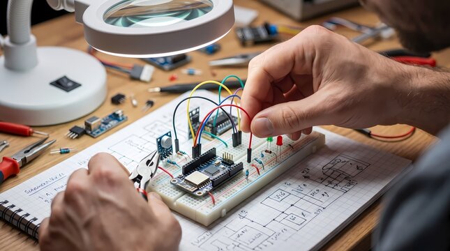 Professional engineer assembling a complex electronic circuit on a breadboard using professional tools and schematics
