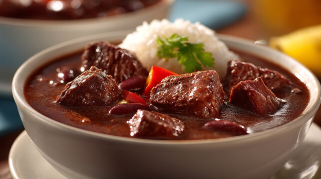 Hearty beef stew with tender chunks of meat and vegetables served with steamed rice, culinary