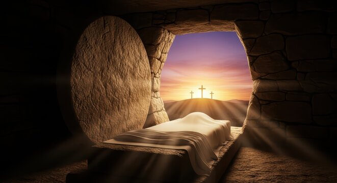 Empty stone tomb with a white burial shroud inside and a large circular rock rolled away from the entrance revealing three crosses on a distant hill at sunrise with golden light rays