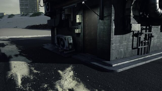 Abandoned service bay at dawn. Pale sunrise light brushing weathered metal, scattered sand and debris along base of exterior wall, utility boxes and conduit