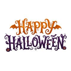 Obraz premium Happy Halloween typography displays festive orange and purple lettering decorated with bats and spooky spider webs.