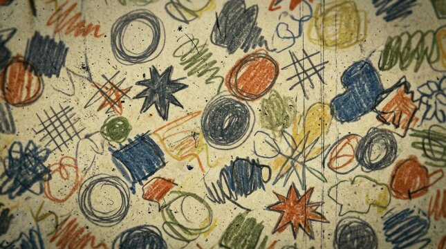A textured background displays a chaotic pattern of colorful crayon scribbles.