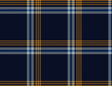 Dark blue, orange, gray, and white tartan plaid seamless pattern vector illustration background textile design