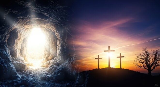 Empty tomb entrance with bright light shining from within beside a silhouette of three wooden crosses on a hill at sunset with a bare tree under a colorful sky
