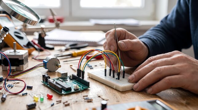 Close up of Engineer Hands Assembling Electronic Circuit on Breadboard with Components on Workbench