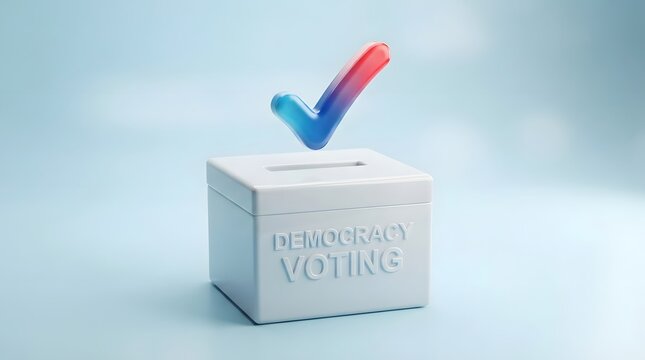3d render of a checkmark hovering above a white ballot box labeled democracy voting