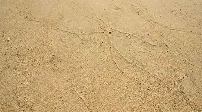 Waves carve a winding trail across the golden sand of a beach. The water has created a distinct pattern in the sand, revealing the movement of the tide.