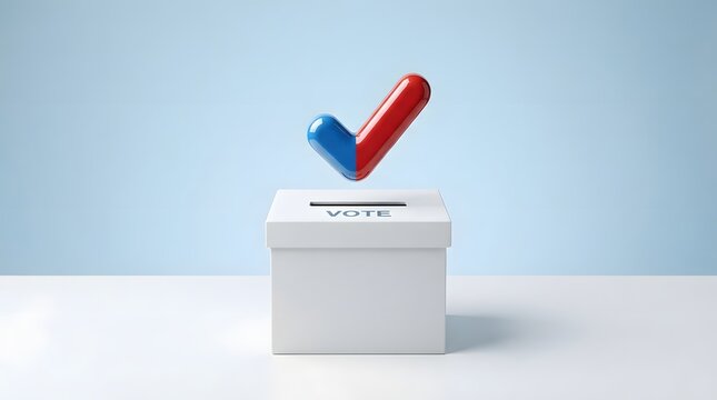 3d rendering of a ballot box with a blue and red checkmark floating above, representing voting and election concepts