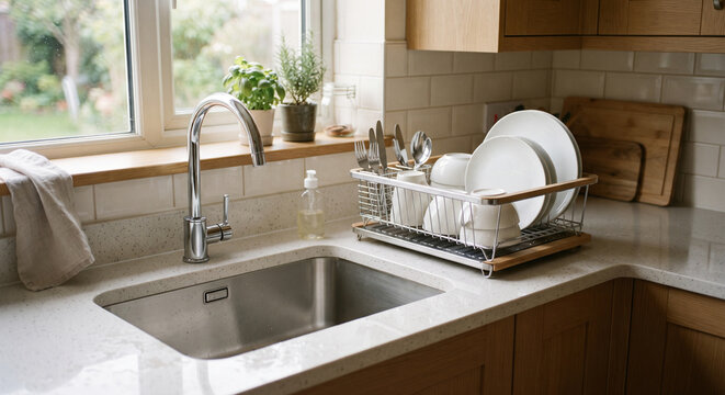 Wide clean kitchen sink area with dish rack of plates and cups, folded towel, potted herbs, window view, and bright countertop