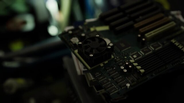 Tiny cooling fan mounted on pcb with nearby capacitors and traces, crisp detail, cool blue highlights and industrial precision of modern electronics