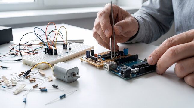 Male electronics technician performing precision soldering and assembly of a custom printed circuit board on a clean workbench