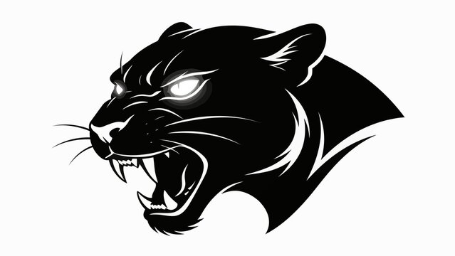 A bold, black-and-white digital drawing of a fierce, roaring panther with glowing eyes and sharp fangs, set against a plain white background. The style is sleek and modern, emphasizing the animal's.