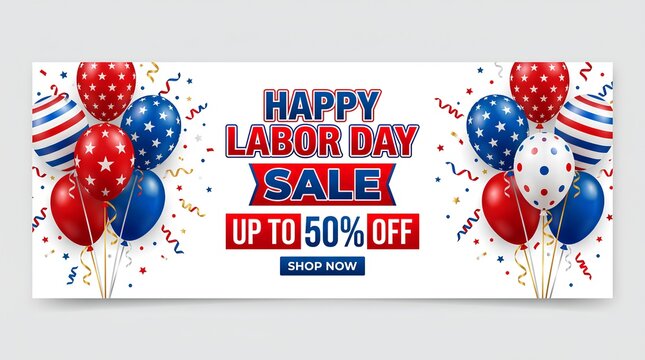 Labor Day sale banner featuring patriotic balloons and confetti on a clean white background.