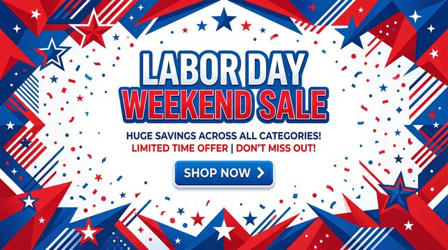 Labor Day weekend sale banner with red white and blue stars.