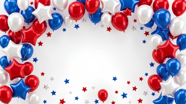 Patriotic balloon frame with red white and blue stars on a white background.