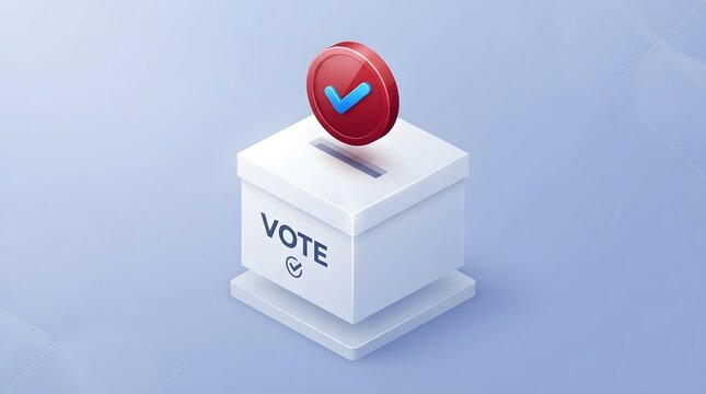Isometric 3d illustration of a ballot box with a red coin and blue checkmark, symbolizing the voting process