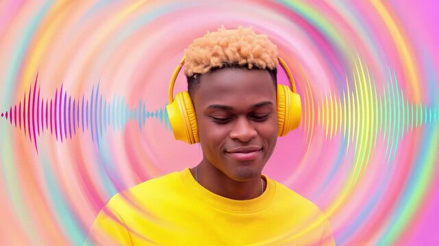 African American man listening to music with yellow headphones. Vibrant psychedelic sound waves background. Medium shot with panning camera movement.