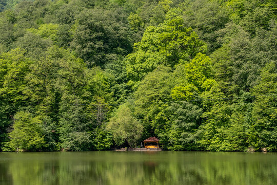 Green mountains are reflected in Lake Parz in Dilijan National Park, Armenia.