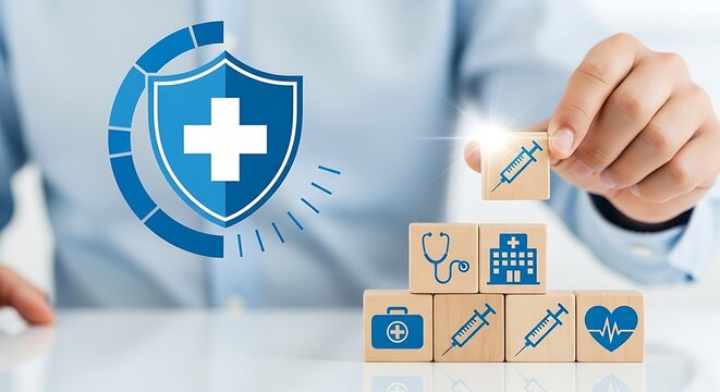 Medical health insurance concept with shield icon, hand stacking wooden blocks with healthcare symbols, vaccination and medical protection