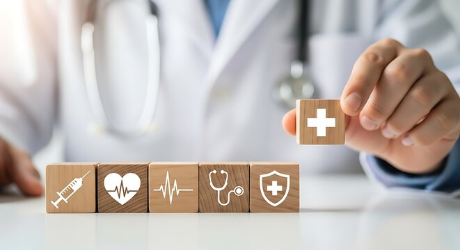 Medical healthcare icons on wooden blocks. Doctor hand arranging health insurance symbols. Professional clinical service concept.