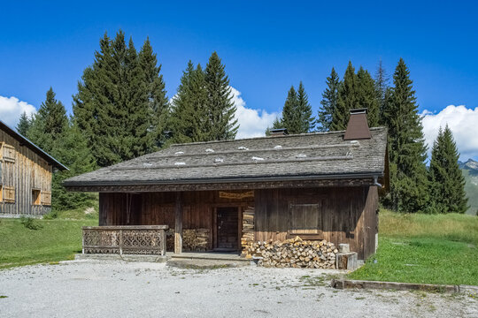 Le mont Caly in France, a chalet in the pasture, typical landscape in summer, Haute-Savoie
