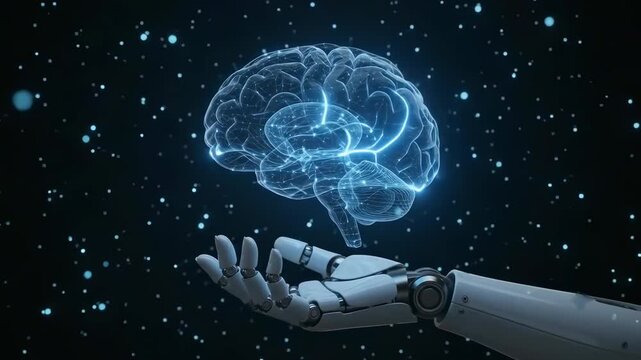 Robotic hand holding glowing holographic human brain with pulsing neural pathways.