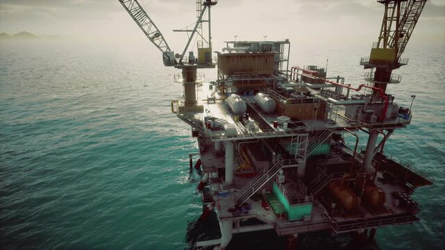 Remote oil rig platform in storm, dark clouds and churning sea surround heavy steel structure, waves crashing against legs, dramatic atmosphere of endurance