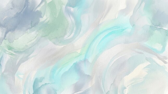 An abstract watercolor painting features flowing, blended shades of pale blue, turquoise, and lavender. The colors create a sense of movement and fluidity, resembling water or clouds.