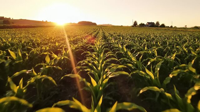 Rows of young corn plants at golden sunset.