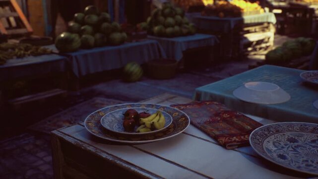 Cozy market table with ceramic plates, warm sunlight, decorative blue plate holding pastry, patterned napkin, stacked green apples and fruit crates