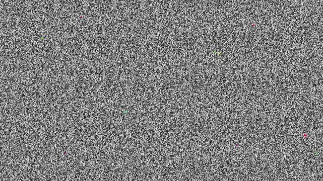 Full frame of black and white television static with occasional small bursts of colored pixel artifacts, looping as a retro screen noise background.