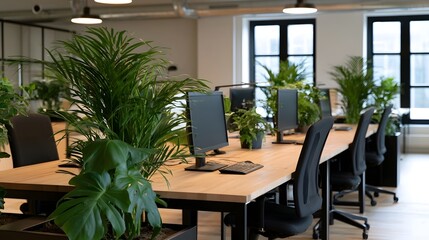 Fototapeta premium Modern office workspace with wooden desks black chairs and lush green plants under bright ceiling lights