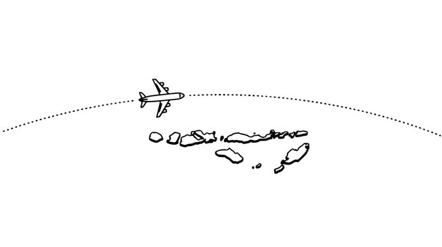 Minimalist Sketch of an Airplane Flying over a Tropical Archipelago with Dashed Path