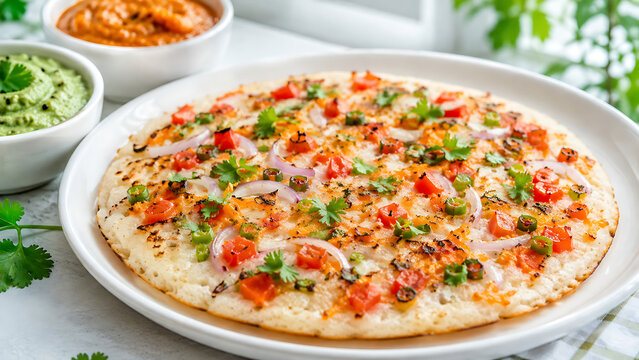 Uttapam topped with colorful tomatoes, onions, carrots and green chilies, bright clean breakfast scene