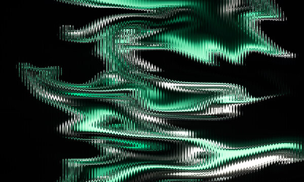 Abstract digital glitch waves with green neon light effect. Ribbed glass wallpaper and background texture
