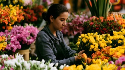 Fototapeta premium A woman carefully arranges vibrant yellow roses and other colorful flowers at a bustling flower market stall