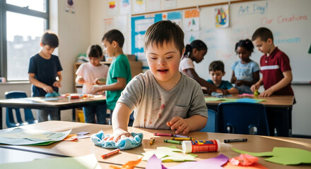 Obraz premium Diverse group of elementary school children, including a boy with Down syndrome, engaged in a creative art project in a bright classroom.
