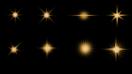 Fototapeta premium Golden sparkle light effects collection on black background, featuring warm glowing starbursts, lens flares and radiant light rays in multiple shapes.