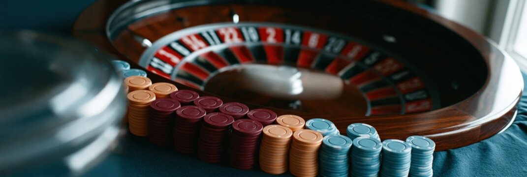 Wide composition of roulette wheel with stacked colorful chips for casino background banner and luxury gambling poster design