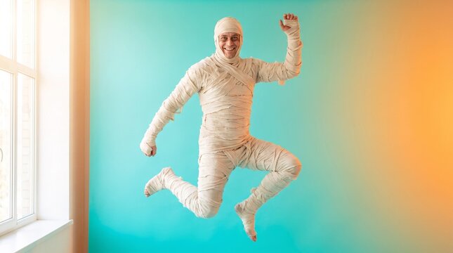 Mummy wrapped in bandages, Man dressed as mummy jumping joyfully against colorful background  