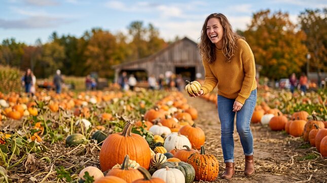 Pumpkin patch with various gourds, Young woman smiling while picking pumpkin in autumn pumpkin patch  