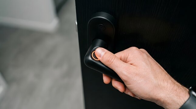 Woman Hand Scanning Contactless Card on Smart Door Lock with Keypad