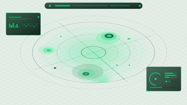 Green digital HUD radar screen scanning targets on an isometric user interface
