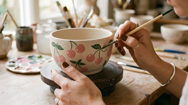 Artist Hands Painting Cherry Patterns on Ceramic Bowl with Fine Brush